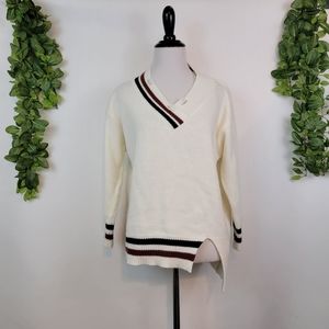 Collegiate Striped Distressed High Low Split Hem Pullover V Neck Sweater Small